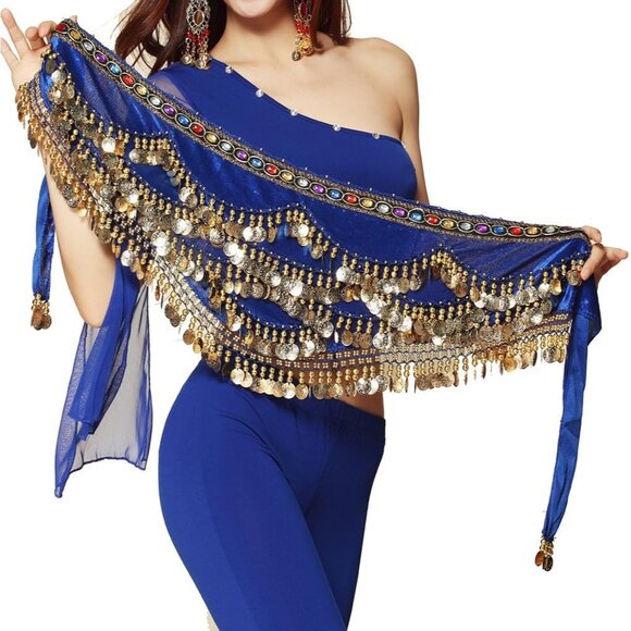 Women's Triangular Belly Dance Hip Scarf Wrap Navy Blue Skirts with Gold Coins - Picture 1 of 4